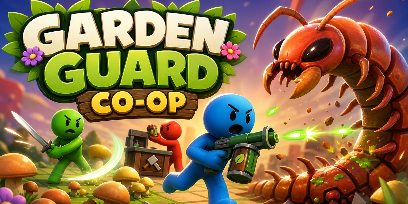 Garden Guard Co-op, made on Chatforce: three players fight a giant centipede in a garden