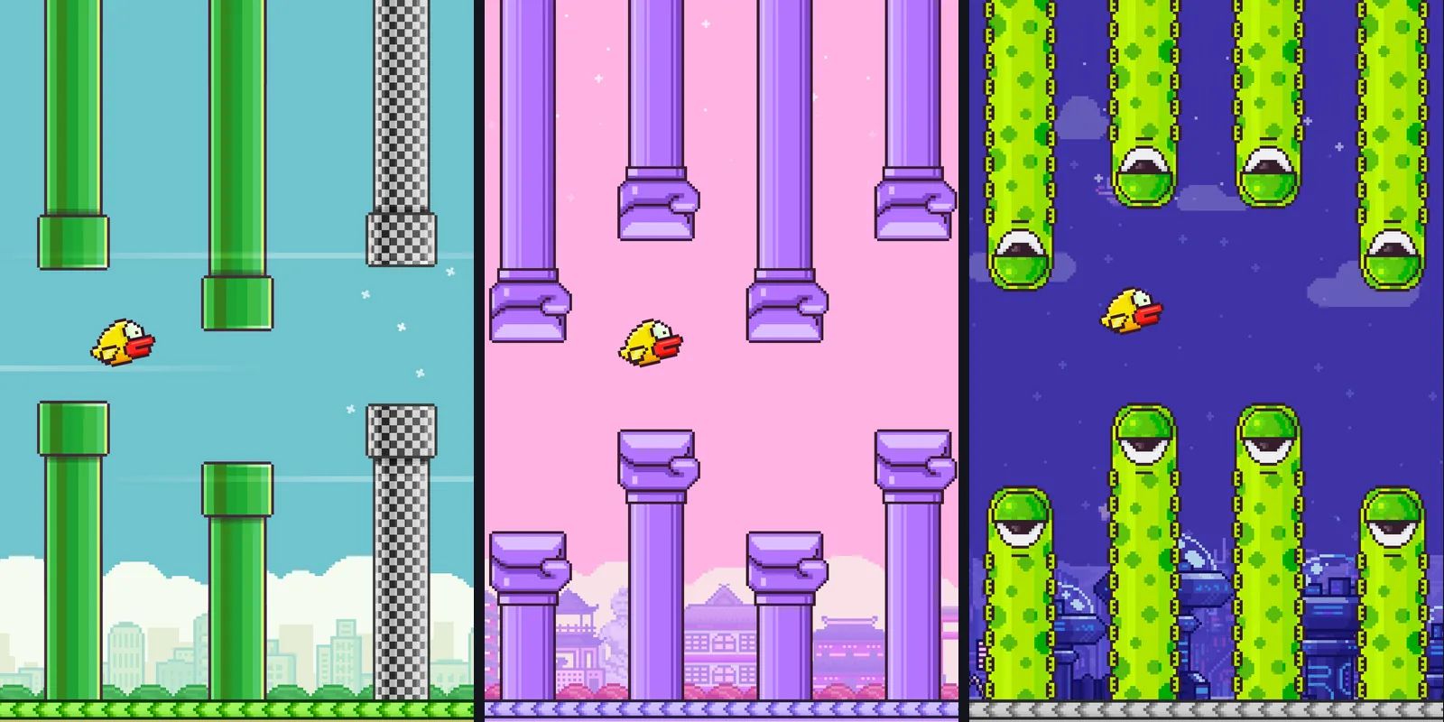 Three Flappy Bird screenshots: the bird flying between green pipes, purple pipes and monster pipes
