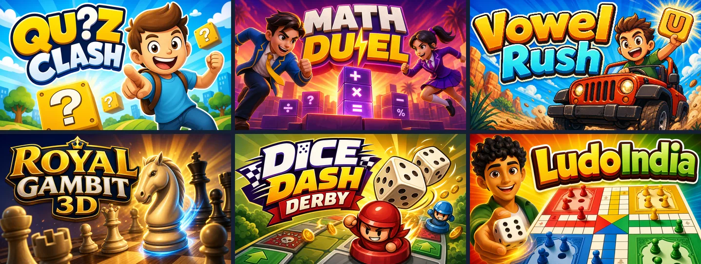 Cover art of six games made on Chatforce: Quiz Clash, Math Duel, Vowel Rush, Chess Play, Dice Dash Derby and LudoIndia